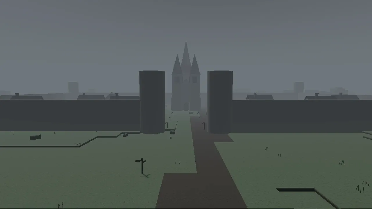 A cathedral fortress behind walls in mist